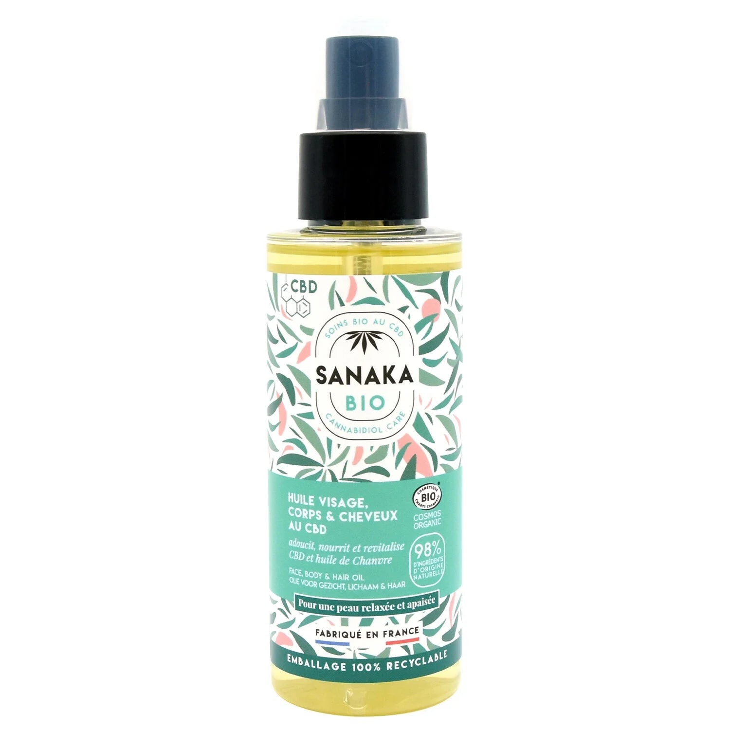 Huile Visage, Corps & Cheveux au CBD – Sanaka Bio | Soin Multi-Usages Bio pour Peau et Cheveux 100 ml